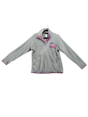 Patagonia Sweater Womens Large Gray Snap-T Pullover Fleece Pink Trim *Read*
